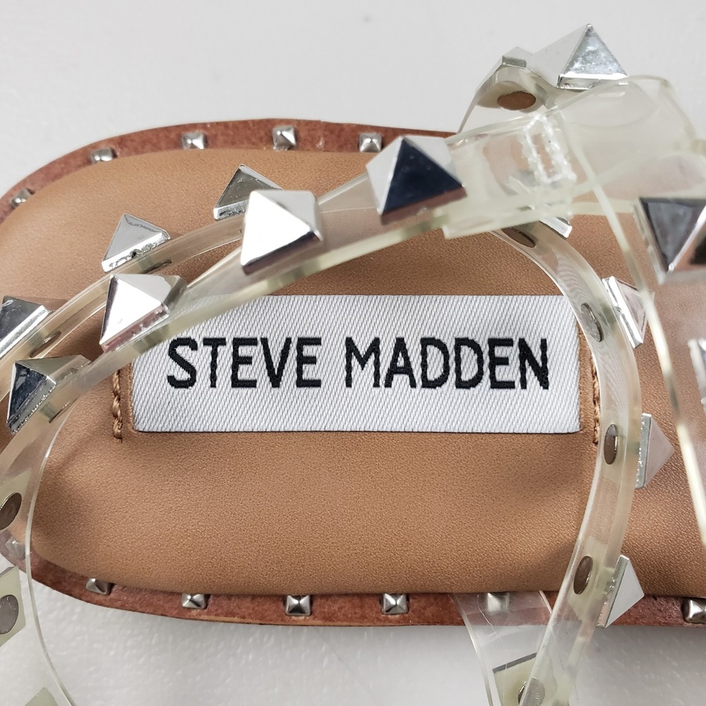 Steve Madden Travel Clear Tan Silver Pyramid Studded Gladiator Sandals 8.5M - Picture 9 of 11